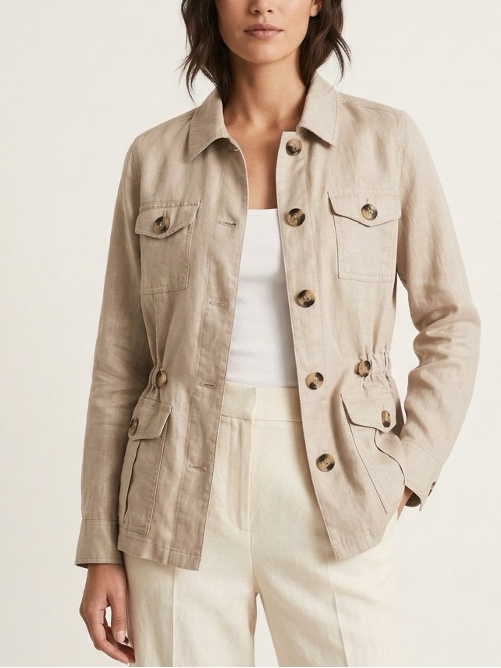 Liz Claiborne Jacket Sz L 🌟Linen/Cotton Gold Tone Elastic Waist & Pockets